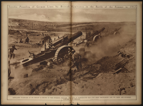 Image description: This image, titled &#8220;Terrific Pounding Of German Lines by British Howitzers in the Battle of the Somme in 1917,&#8221; was published in the New York Times. During the World War I era (1914-18), leading newspapers took advantage of a new printing process that dramatically altered their ability to reproduce images. Rotogravure printing, which produced richly detailed, high quality illustrations—even on inexpensive newsprint paper—was used to create vivid new pictorial sections. Publishers that could afford to invest in the new technology saw sharp increases both in readership and advertising revenue.
Photo from the Library of Congress