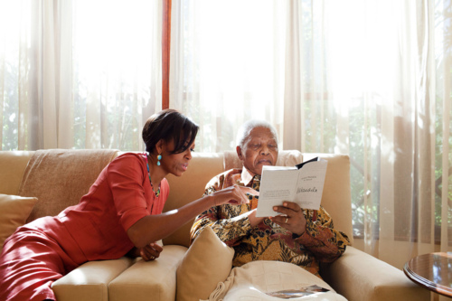 Image description: In June 2011, First Lady Michelle Obama met with Nelson Mandela, the former President of South Africa, at Mandela&#8217;s home in Houghton, South Africa.
The photo is part of Pete Souza&#8217;s picks for the year 2011 in images. Pete Souza is the Chief Official White House Photographer and Director of the White House Photography Office. View all of his 2011 photo selections.
Photo by Samantha Appleton, White House