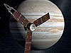 An artist's drawing of the Juno spacecraft flying in front of Jupiter
