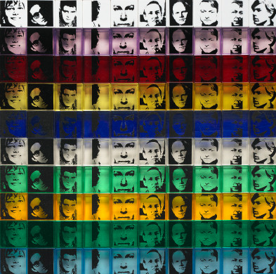 Image: image of Portraits of the Artists 	 Andy Warhol (artist) American, 1928 - 1987 Portraits of the Artists, 1967 screenprint in black on 100 2-part, colored polystyrene boxes overall (each box): 5 x 5 x 1.9 cm (2 x 2 x 3/4 in.) overall (composition with 100 boxes): 51 x 51 x 1.9 cm (20 1/16 x 20 1/16 x 3/4 in.) Gift of The Estate of Roy Lichtenstein 2006.126.9 