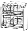 Drawing of a spice rack filled with jars of spices.