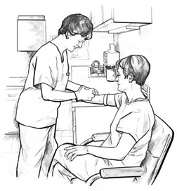 Ilustración de una proveedora de atención médica extrayendo sangre del brazo de una paciente. La paciente está sentada en una silla con su brazo extendido mientras que la proveedora de atención médica está parada frente a ella.