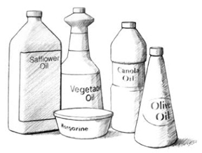 Ilustración de aceites vegetales. 4 botellas con la etiqueta 