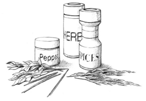 Ilustración de hierbas y especias. Tres botellas con la etiqueta 