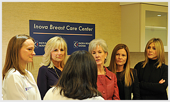 HHS Secretary Sebelius joins Jennifer Aniston, wife of the vice president, Jill Biden, and others at the Inova Breast Cancer Center in Alexandria, VA, on October 3, 2011. Credit: HHS Photo by Chris Smith.