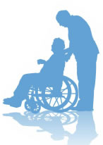 A silhouette depicts a patient in a wheelchair with another person standing behind the chair.