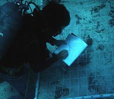 (photo) NPS archeologist plots an excavation grid while underwater. (NPS)