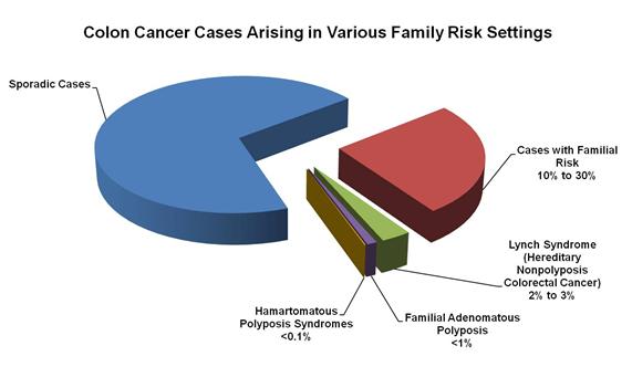 Pie chart showing the fractions of colon cancer cases that arise in various family risk settings. The majority of colon cancer cases diagnosed in these settings are sporadic. The remaining cancer cases are: cases with familial risk (10%–30%); Lynch syndrome (hereditary nonpolyposis colorectal cancer) (2%–3%); familial adenomatous polyposis (<1%); and hamartomatous polyposis syndrome  (<0.1%).