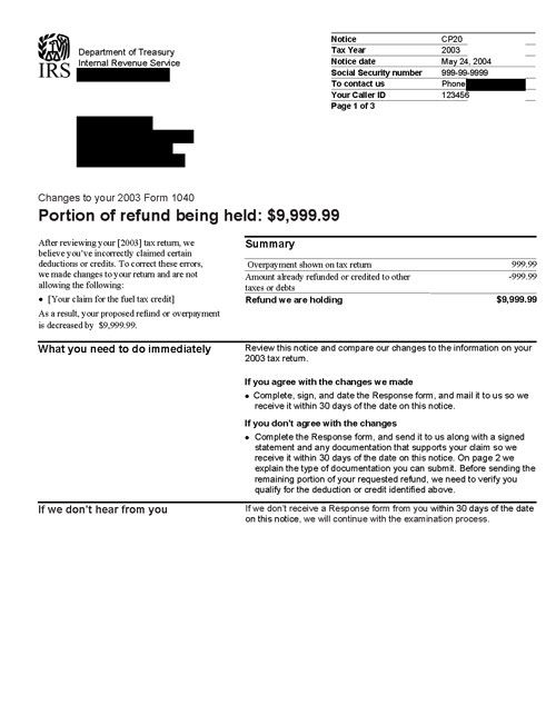 Image of page 1 of a printed IRS CP20 Notice