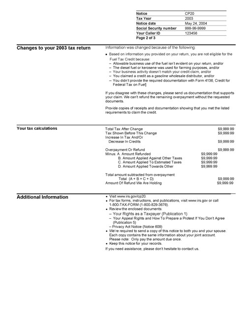Image of page 2 of a printed IRS CP20 Notice