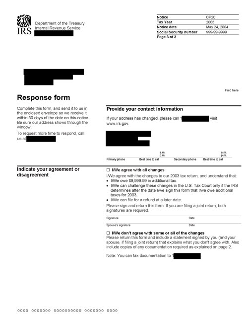 Image of page 3 of a printed IRS CP20 Notice