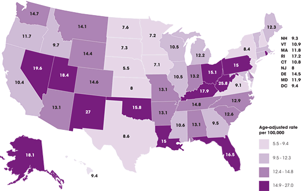 The maps shows drug overdose rates by state in 2008. A detailed list can be found at http://www.cdc.gov/homeandrecreationalsafety/rxbrief/states.html