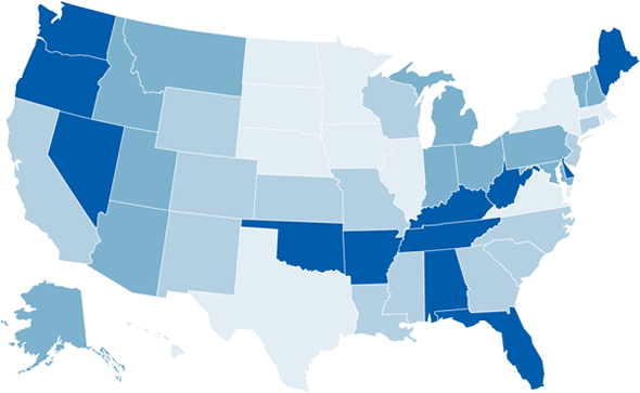 The maps shows the amount of prescription painkillers sold in states. A detailed list can be found at http://www.cdc.gov/homeandrecreationalsafety/rxbrief/states.html