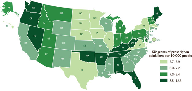 Map: Amount of prescription painkillers sold by state per 10,000 people (2010) 