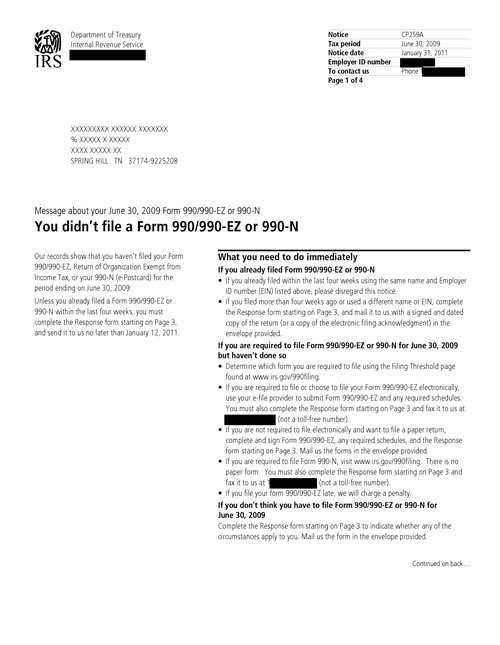 Image of page 1 of a printed IRS CP259A Notice