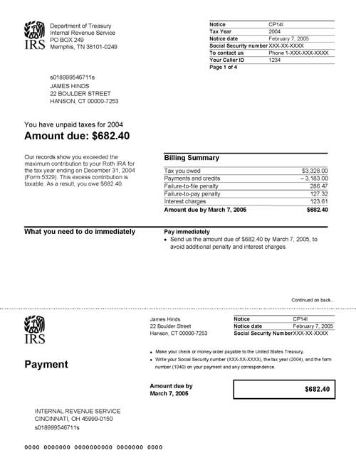 Image of page 1 of a printed IRS CP14I Notice
