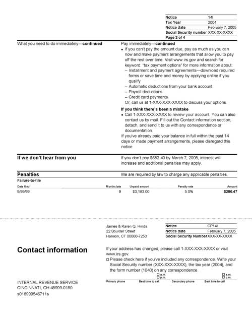 Image of page 2 of a printed IRS CP14I Notice