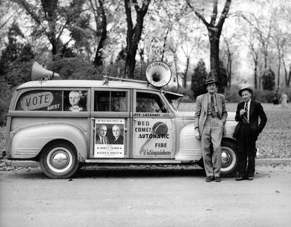 Presidential campaign, circa 1948
Station wagon decorated by the Democratic Boosters for the Truman-Barkley ticket. 