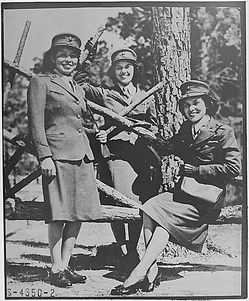 
Photograph of Three Marine Corps Women Reservists, Camp Lejeune, North Carolina, 10/16/1943&#160;
American Indian women too have joined the fighting forces against Germany and Japan. These three are members of the U.S. Marine Corps. They are [left to right] Minnie Spotted Wolf of the Blackfeet, Celia Mix, Potawatomi, and Violet Eastman, Chippewa.

via DocsTeach