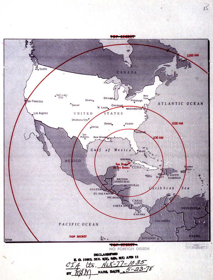 jfklibrary:

October 16, 1962 - Day One of the Cuban Missile Crisis
A declassified map of the Western hemisphere showing the full range of the nuclear missiles under construction in Cuba, used during the secret meetings on the Cuban crisis.
(source: jfklibrary.org)
