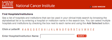 Hospital/institution selection window