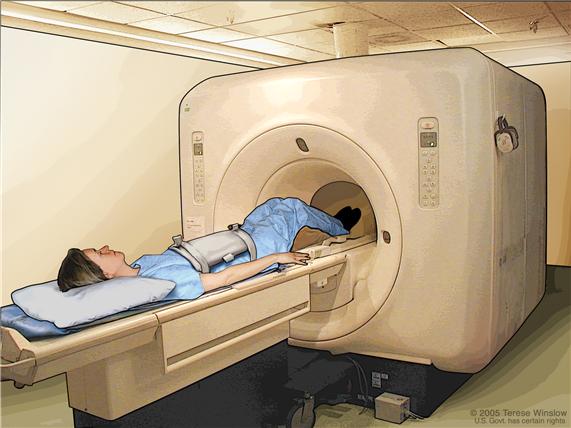 Magnetic resonance imaging (MRI) of the abdomen; drawing shows the patient on a table that slides into the MRI machine, which takes pictures of the inside of the body. The pad on the patient’s abdomen helps make the pictures clearer.