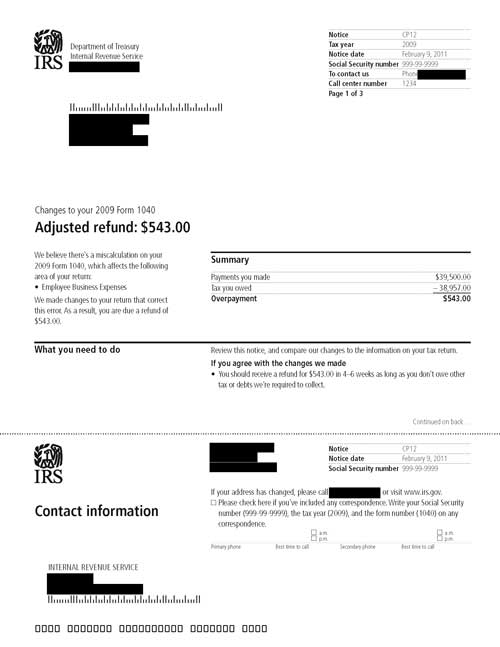 Image of page 1 of a printed IRS CP12 Notice