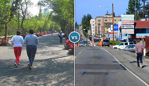 Comparing two photos: one of two women walking a planned paveway in safety versus another of a man walking the shoulder of a busy highway.