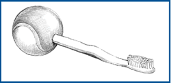 Illustration of a tennis ball on the handle of a toothbrush.