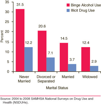 This is a bar graph comparing past month binge alcohol use and illicit drug use among full-time employed women aged 18 to 64, by marital status: 2004 to 2008. Accessible table located below this figure.