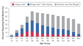 Figure 1.  Percentages of Persons Aged 12 or Older Reporting Past Month Alcohol Use, by Level of Use and Age Group: 2000