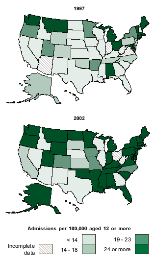 Figure 2. Narcotic Painkiller Admission Rates, by State: 1997 and 2002 