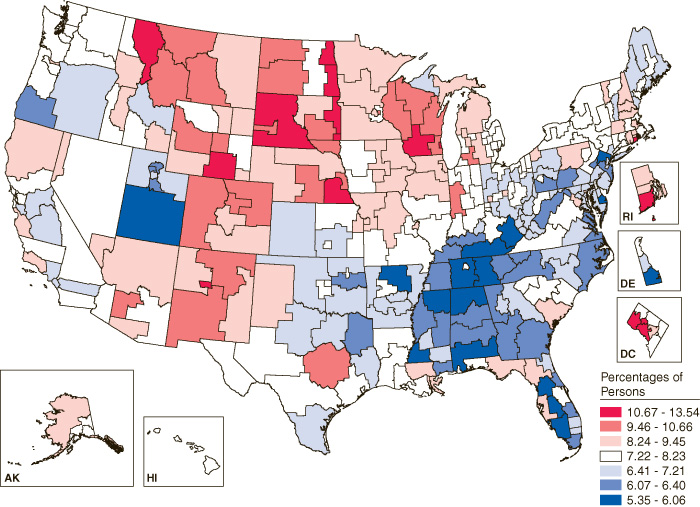 This figure is a U.S. map showing alcohol dependence or abuse in past year among persons aged 12 or older, by substate region: percentages, annual averages based on 2002, 2003, and 2004 NSDUHs.  Substate Regions in alphabetical order within each state were divided into seven groups based on magnitude of their percentages.