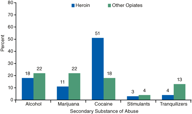 Bar chart comparing Percentage of Primary Heroin and Other Primary Opiate Admissions, by Selected Secondary Substance of Abuse in 2007. Accessible table located below.