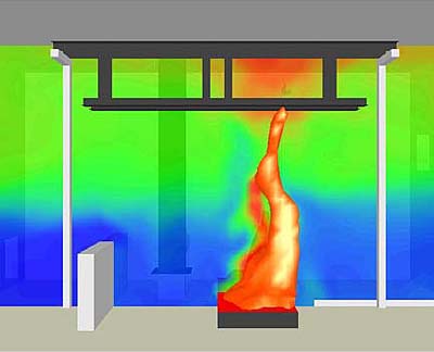 Image from computer simulation shows flames impacting a model of a WTC steel floor truss without any fire-resistant insulation. Colors in the simulation show the variation in gas temperatures.