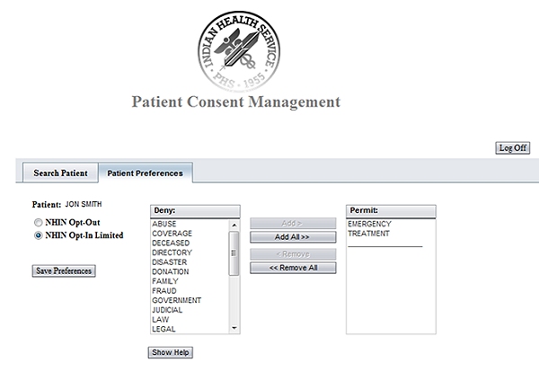 Graphic of the Consumer Preferences Profile GUI with Opt-In Limited Selected.  A patient may select any number of optional purposes, with Emergency and Treatment being required.