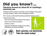 Did you know?  Elevators account for about 5% of a building's electricity use.  By taking the stairs instead of an elevator, you are helping to reduce green house gas emissions and the costs of operating your facility.  There are also several health benefits associated with taking the stairs.  These benefits include: ;Burns more calories than walking on flat surfaces; Improves your fitness and stamina; Boosts your spirits; and Saves you time because it allows you to exercise while doing your daily work activities. Burn calories, not electricity.  Take the stairs today!