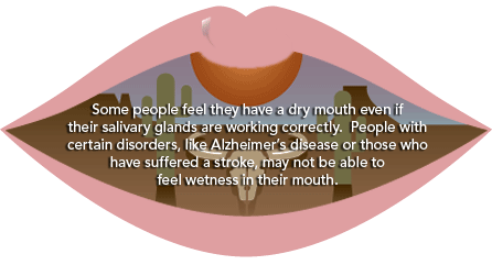 Some people feel they have a dry mouth even if their salivary glands are working correctly.  People with certain disorders, like Alzheimer's disease or those who have suffered a stroke, may not be able to feel wetness in their mouth.
