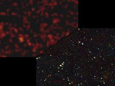 The image on the left, taken by the European Space Agency's INTEGRAL satellite, shows high-energy X-rays from galaxies beyond our own. The image on the right shows a simulated view of what NuSTAR will see at comparable wavelengths.