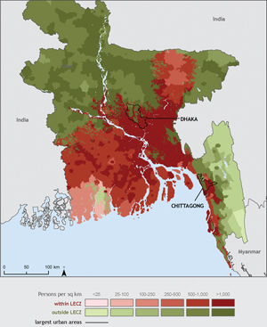 Map of Bangladesh that shows population per square mile within the LECZ and outside the LECZ. A large portion of the region inside the LECZ has population densities of more than 500 people per square kilometer, with about half of that land showing densities of more than 1,000 people per square kilometer.