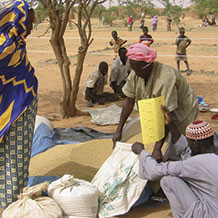 Photograph of farmers trading or selling goods in an arid landscape.