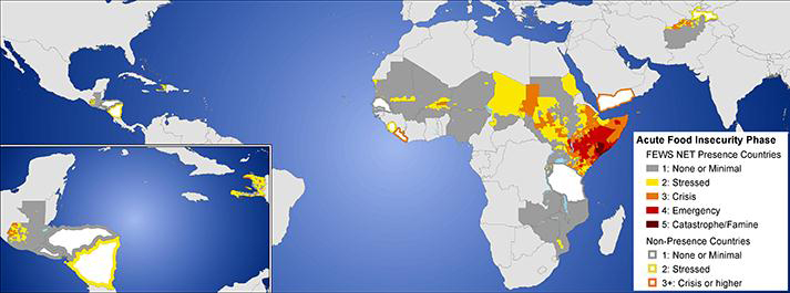 World map with a focus on Africa. Countries are shaded or outlined to indicate varying degree of acute food insecurity. Several countries in sub-Saharan Africa, East Africa, the middle east and central America face varying degrees of food insecurity - ranging from stressed to crisis to emergency to catastrophic/famine. The countries with emergency or catastrophic/famine ratings are around Somalia, Ethiopia, and Kenya.