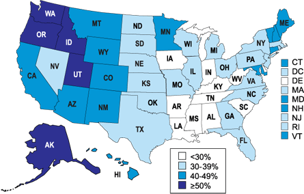Percent of Children Breastfed at 6 Months of Age by State among Children Born in 2001