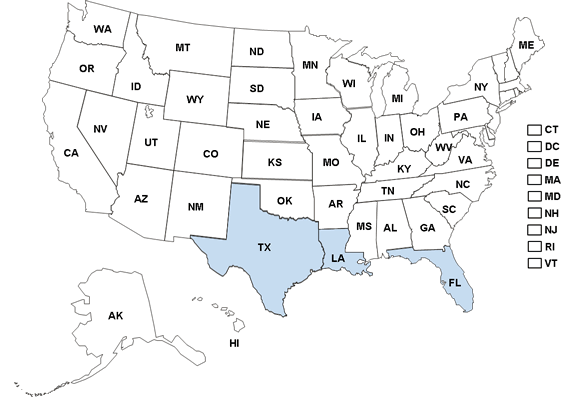 The map shows that Florida, Louisiana and Texas have pain clinic laws.