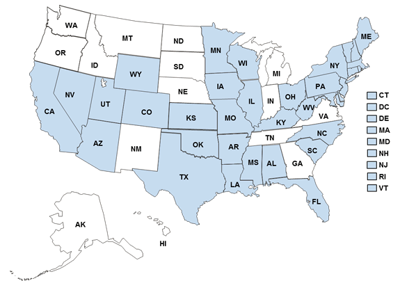 This map shows the 35 states listed below with prescription drug limit laws.