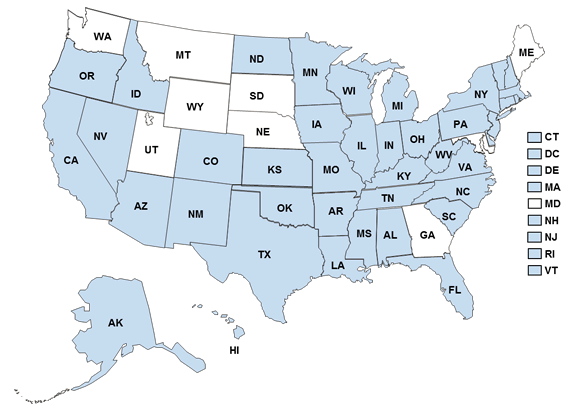 This map depicts the 42 states with physical exam laws that is in the list below.