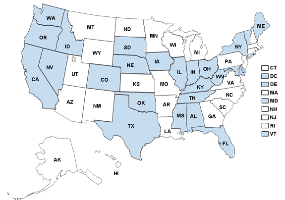 The maps shows the 26 states in the list below with tamper-resistant prescription form laws.