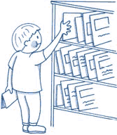 Childlike drawing of a boy removing books from a bookshelf.