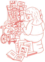 Childlike drawing of a woman reading to a group of children in a library setting.