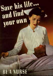 Color poster with a nurse by the bedside of a wounded man.